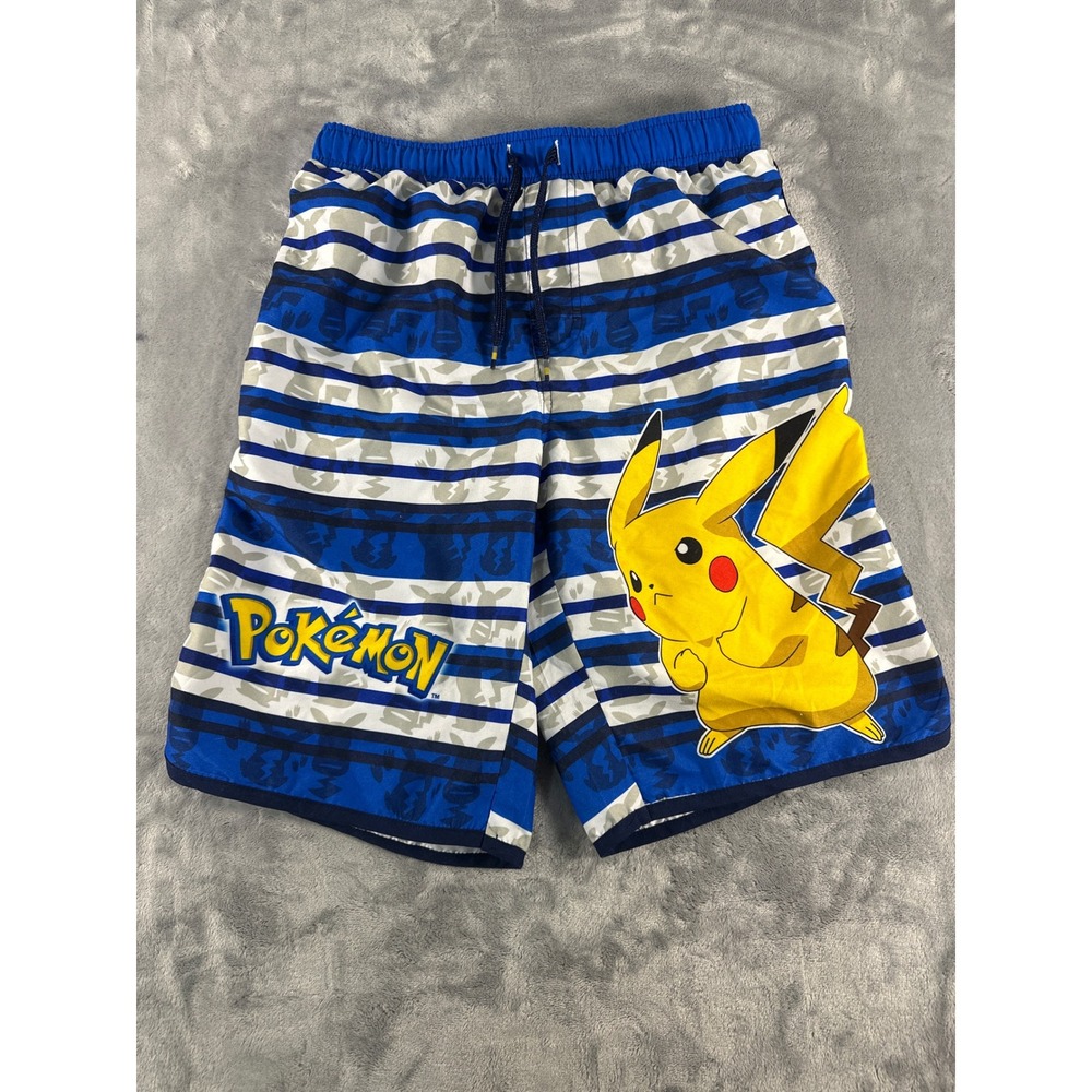 Pokemon Pikachu Boys Blue Striped Swim Trunks Board Shorts Size 14/16 3031356KM